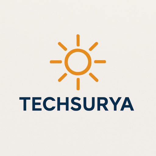TECHSURYA logo featuring a modern bold font with a minimalist sun icon symbolizing innovation and energy in the IT industry.